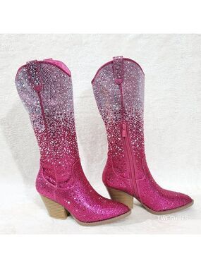 Posh Wild Ones Fuchsia Ombre Rhinestone Western Cowgirl Knee Boots Hot Pink